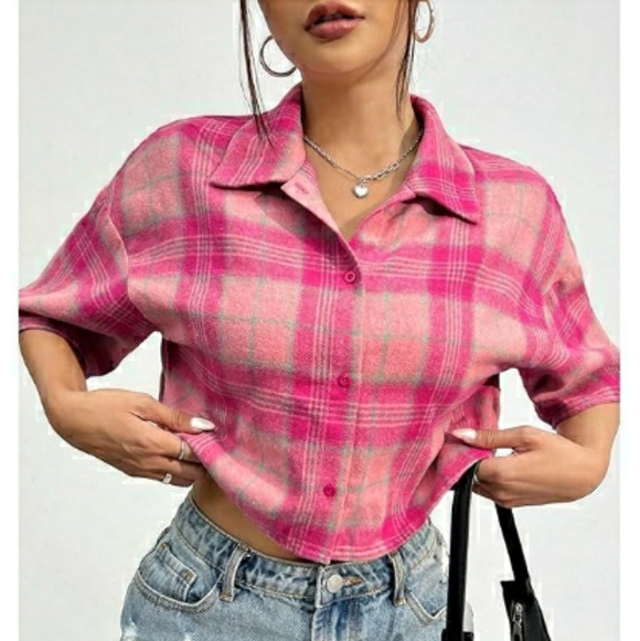Shenhe Tops - Oversized Button Down Short Sleeve Shirt Textured Collared Crop Top Pink